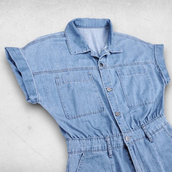 Denim Coveralls Women M Light Blue Button Up Roll Sleeve Utility Casual Trendy - Picture 11 of 13